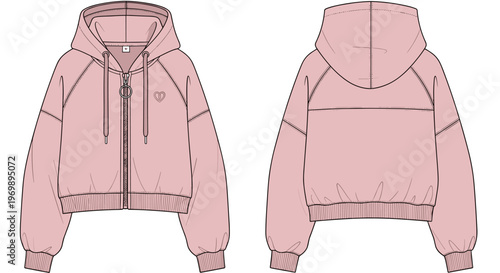 Fashionable Front and Back Technical Drawing of a Pink Cropped Hoodie: A Contemporary Design Template for Fashion Design and Product Development
