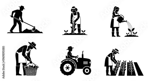 Farming Icons: A Modern Vector Set Representing Agriculture, Rural Lifestyle, and Sustainable Practices in Black and White for Diverse Design Needs