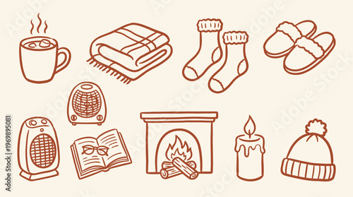 Winter Cozy Objects Line Drawing