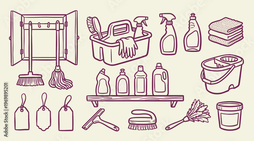 Cleaning Supplies Collection Organized in Basket and Cabinet with Mop and Bucket