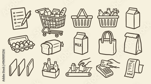 Grocery Shopping Icons Set with Cart, Basket, Food and and Payment