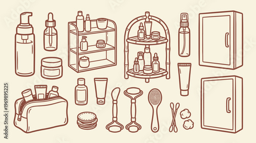 Skincare Products Collection on Shelves and in Bag