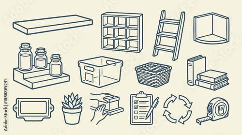 Storage Solutions Collection Icons Isolated on Beige Background