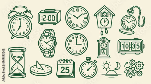 Collection of Vintage and Modern Clocks and Timekeeping Devices