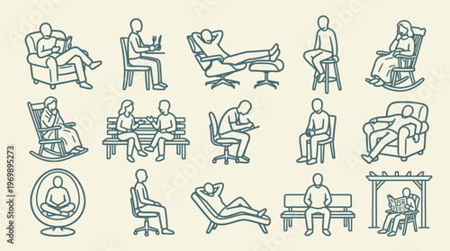 People Sitting on Various Chairs and Couches in Different Positions