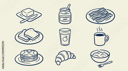 Breakfast Food Icons Set Isolated on Beige Background