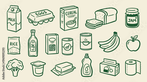 Grocery Items Collection Hand Drawn Illustration