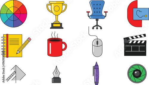 Creative Design Icons Set Featuring Tools for Art, Work, and Innovation