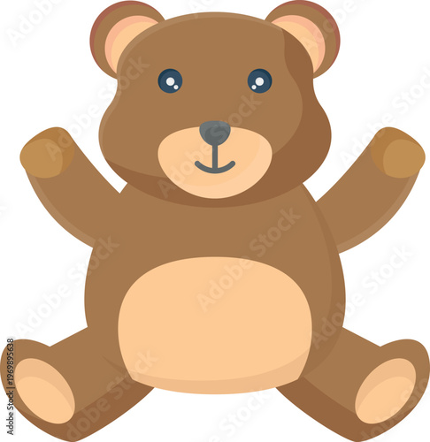 A brown teddy bear with blue eyes and a cheerful smile, sitting upright against a soft background.