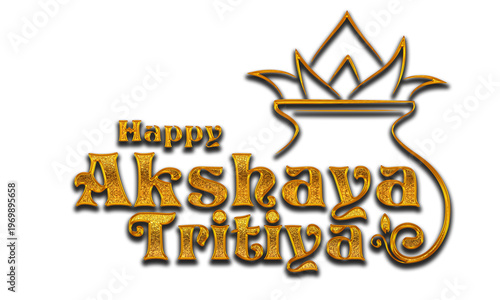 Happy Akshaya Tritiya greeting card design featuring golden Kalash with floral decoration, perfect for Hindu festival celebration, social media post, and auspicious occasion wishes