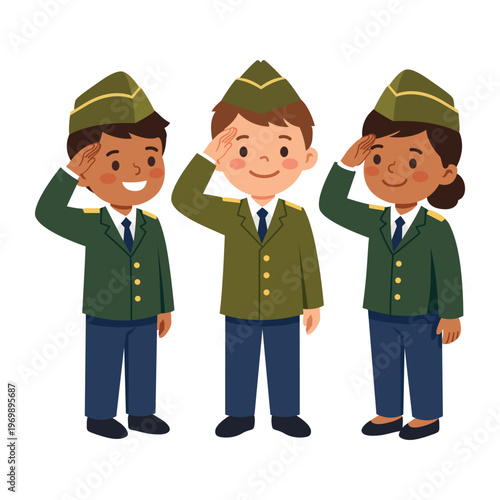 Cute Kids Soldiers Saluting Military Uniform Cartoon Vector