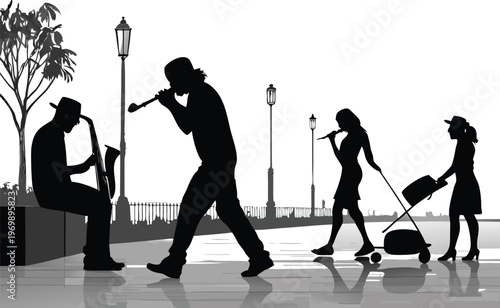 Silhouette street performers on a walkway and travelers with luggage. The black and white image displays a diverse scene of daily life and activities