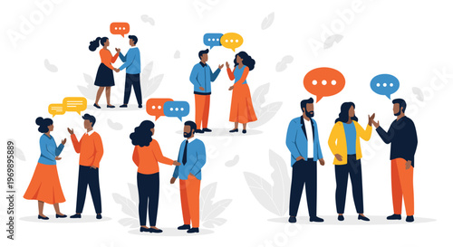 Social interaction and communication concept showing diverse groups of people talking with speech bubble icons.