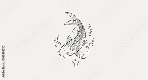 Hand Drawn Koi Fish Sketch with Bubbles, Minimalist Line Art