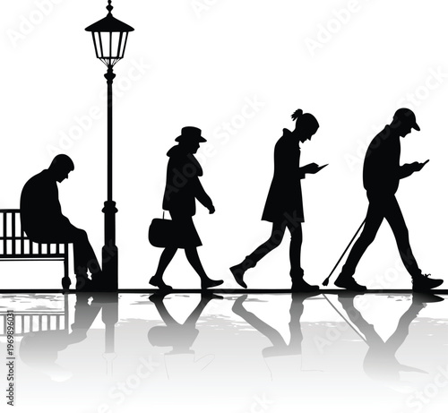 People walking and sitting while using phone under lamp post