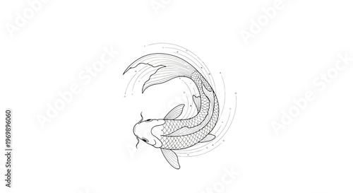 Elegant Koi Fish Illustration - Japanese Art Style, Black and White