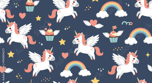 Seamless magic pattern for kids with white winged unicorns, rainbows, stars, and cupcakes on a dark blue background.