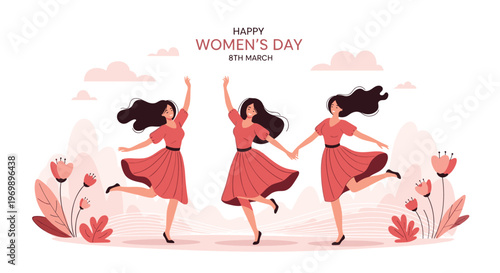 Happy Women's Day celebration card featuring three women dancing together in a beautiful pink flower garden.