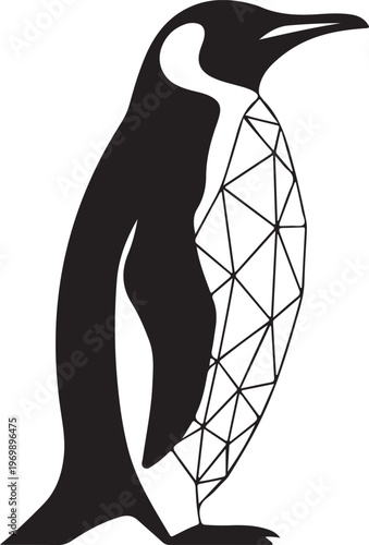A striking black and white emperor penguin stands tall with a geometric pattern on its chest