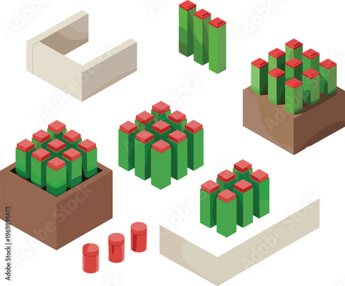 Colorful blocks arrangement with rectangular prisms cylinders grouped in boxes containers educational counting spatial organization design vector illustration artwork set
