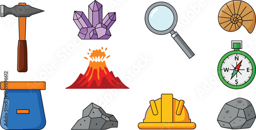 Geology and Mineralogy Icons Set Featuring Tools and Natural Elements for Earth Science