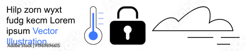 Data security, cloud technology, temperature monitoring, digital storage, cybersecurity, and weather forecasting. Thermometer, lock and cloud. Data security and cloud technology concepts