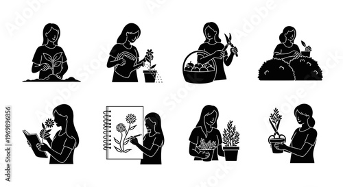 Silhouetted Gardener Icon Set: Cultivating Creativity and Growth – Planting, Watering, Harvesting, Sketching, and Nurturing Nature's Beauty in Vector Illustrations