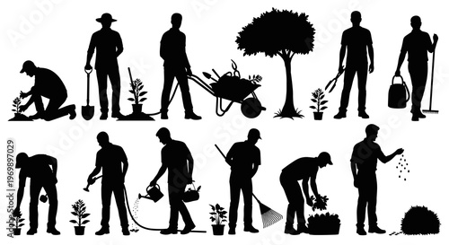 Gardening Silhouettes: A Collection of Gardeners in Action for Nature, Landscaping, and DIY Projects (Vector Illustration for Icons, Design Elements & Backgrounds)