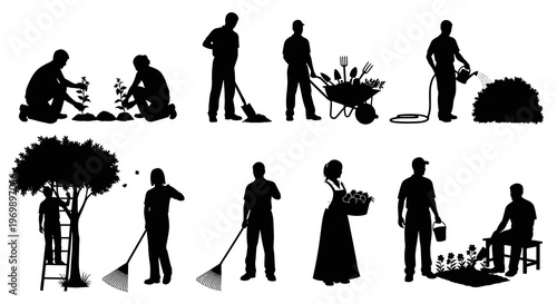 Silhouetted Gardeners: Diverse Activities in a Verdant Landscape - Horticulture, Landscaping, and Outdoor Lifestyle in Monochrome Vector Art