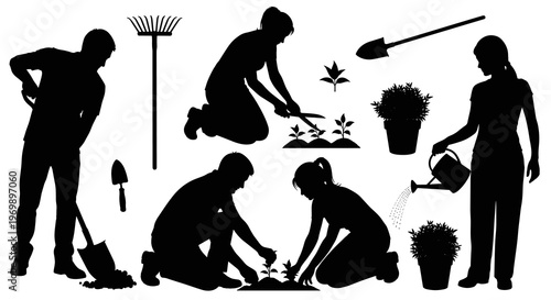 Gardening Silhouette Vector Illustration: People Planting, Watering, and Tending to Plants for Gardening Projects and Nature-Themed Designs