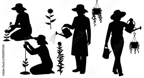 Silhouette Gardeners: A Versatile Vector Illustration of People Gardening, Planting, and Watering Flowers for Spring, Summer, and Nature-Themed Designs
