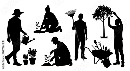 Silhouetted Gardeners: A Vector Illustration of People Planting, Pruning, and Tending Plants in a Garden Setting for Gardening and Landscaping Projects