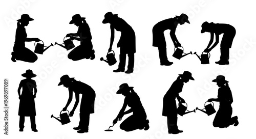 Silhouette Collection of Women Gardening:  Diverse Activities in Black and White, Perfect for Spring and Summer Projects, Illustrative, and Conceptual Designs