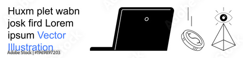 Digital finance, surveillance, technology, online security, vision, innovation. A laptop, coin and eye symbol are . Digital finance and surveillance concept