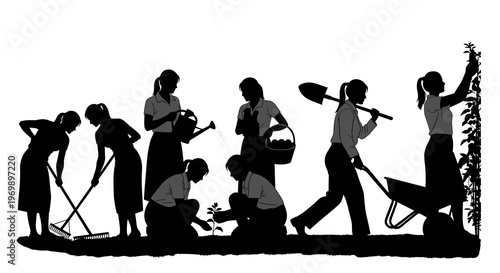 A Silhouette Symphony of Gardening: Women Nurturing Nature's Canvas in a Timeless Landscape, Cultivating Growth, and Harvesting Beauty for a Sustainable Future