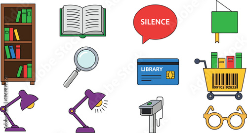 Library and Reading Icons Set Featuring Books, Tools, and Learning Symbols