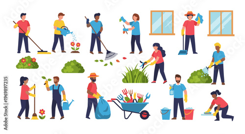 Diverse People Engaging in Yard Work and Cleaning Services: Vector Illustration for Landscaping, Home Care, and Community Projects (Set of Flat Design Characters)