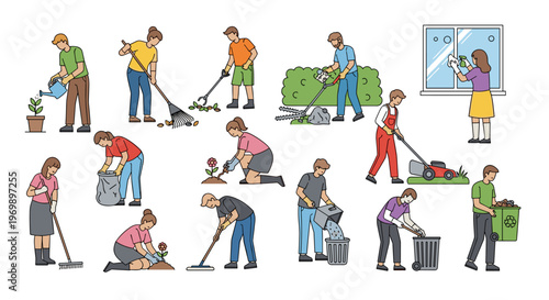 Diverse Yard Work Vector Illustration: People Gardening, Cleaning, and Maintaining Outdoor Spaces for Home Improvement and Community Engagement