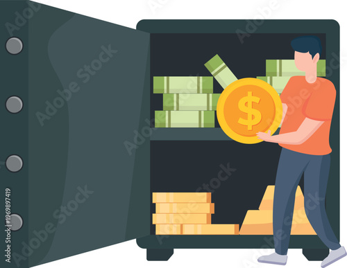 A man displays a coin while standing before a safe box, symbolizing wealth and protection.