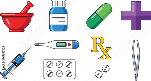 Medical and Pharmaceutical Icons Set Featuring Healthcare Tools and Medicine