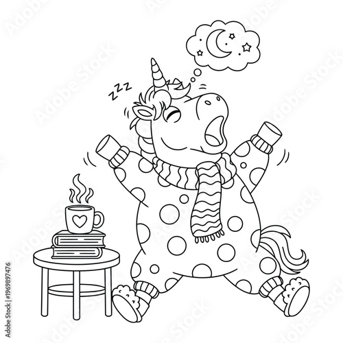Unicorn yawning in cozy winter outfit beside table with hot drink in cute cartoon style for kids coloring page