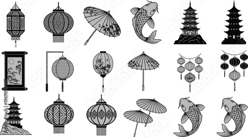 East Asian cultural icons collection with lanterns parasols koi fish pagodas traditional architecture decorative art design vector illustration artwork set