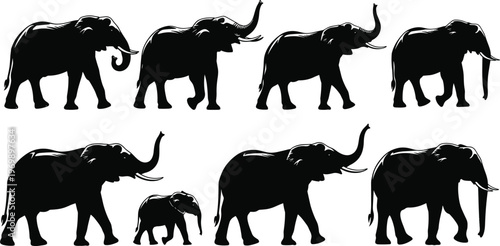 Elephant silhouettes set wildlife animals African safari herd collection isolated on white background vector illustration detailed minimal design style