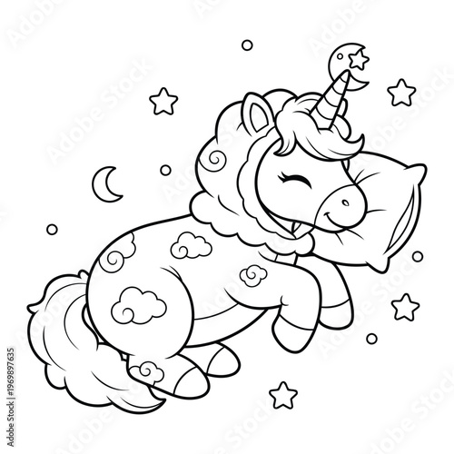 Unicorn sleeping on pillow under moon and stars in peaceful night fantasy coloring page