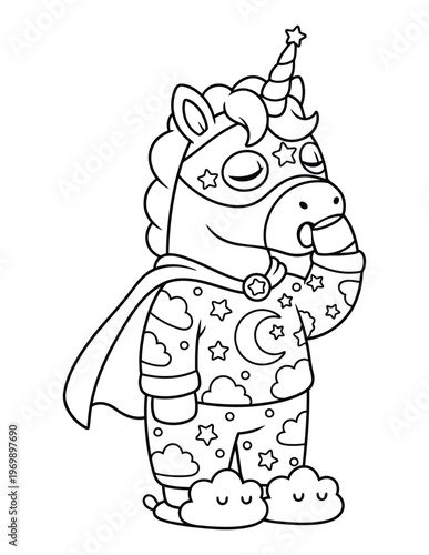 Unicorn wearing superhero pajamas with cape in dreamy night fantasy coloring page