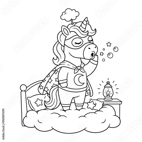Unicorn blowing bubbles beside a cozy bed with a lantern in a dreamy night cartoon fantasy style coloring page