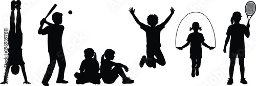 Kids playing sports silhouette set children activities jumping baseball tennis skipping rope isolated on white background vector illustration design