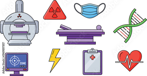 Medical Imaging and Health Safety Icons Set Featuring Tools for Diagnostics and Protection