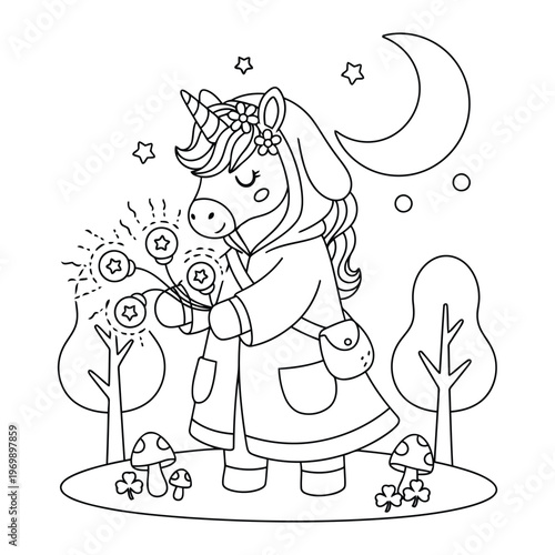 Unicorn collecting glowing star flowers in night garden cute cartoon coloring page