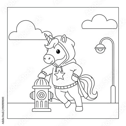Unicorn in hoodie walking on city street near fire hydrant cute cartoon coloring page